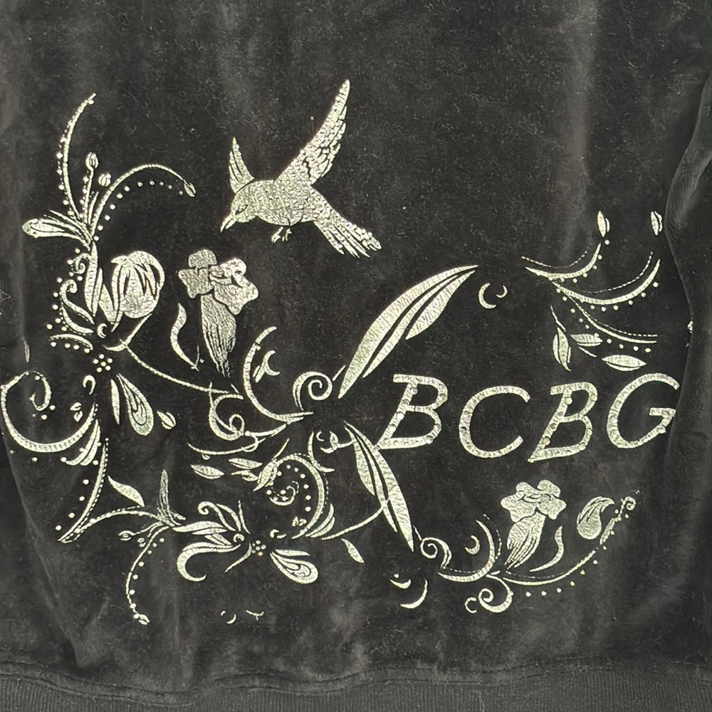 BCBG Y2K black velvet zip up hoodie rhinestone embellished size Medium birds - Picture 3 of 11